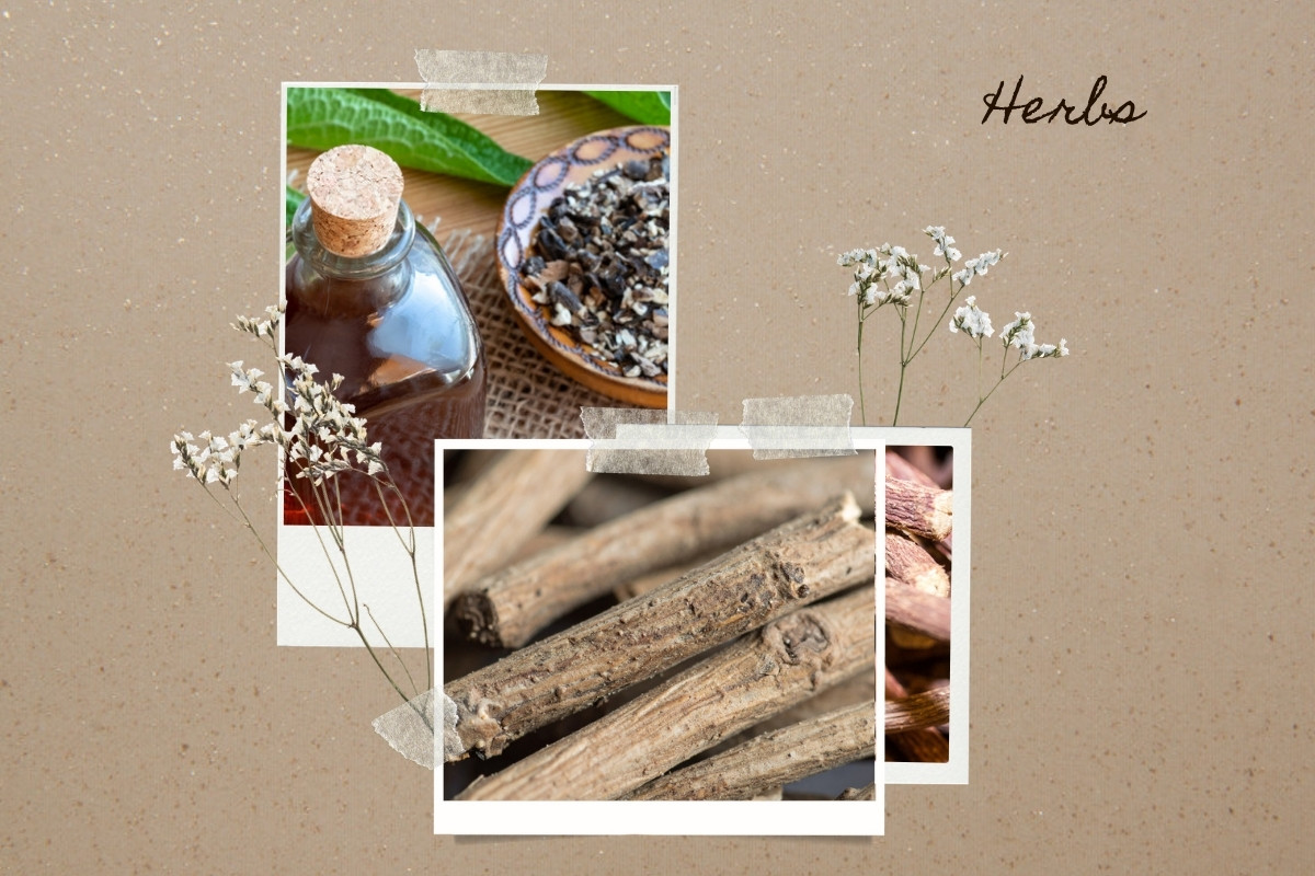 Assorted adaptogenic herbs and roots on a wooden surface, the raw form behind most adaptogen supplements