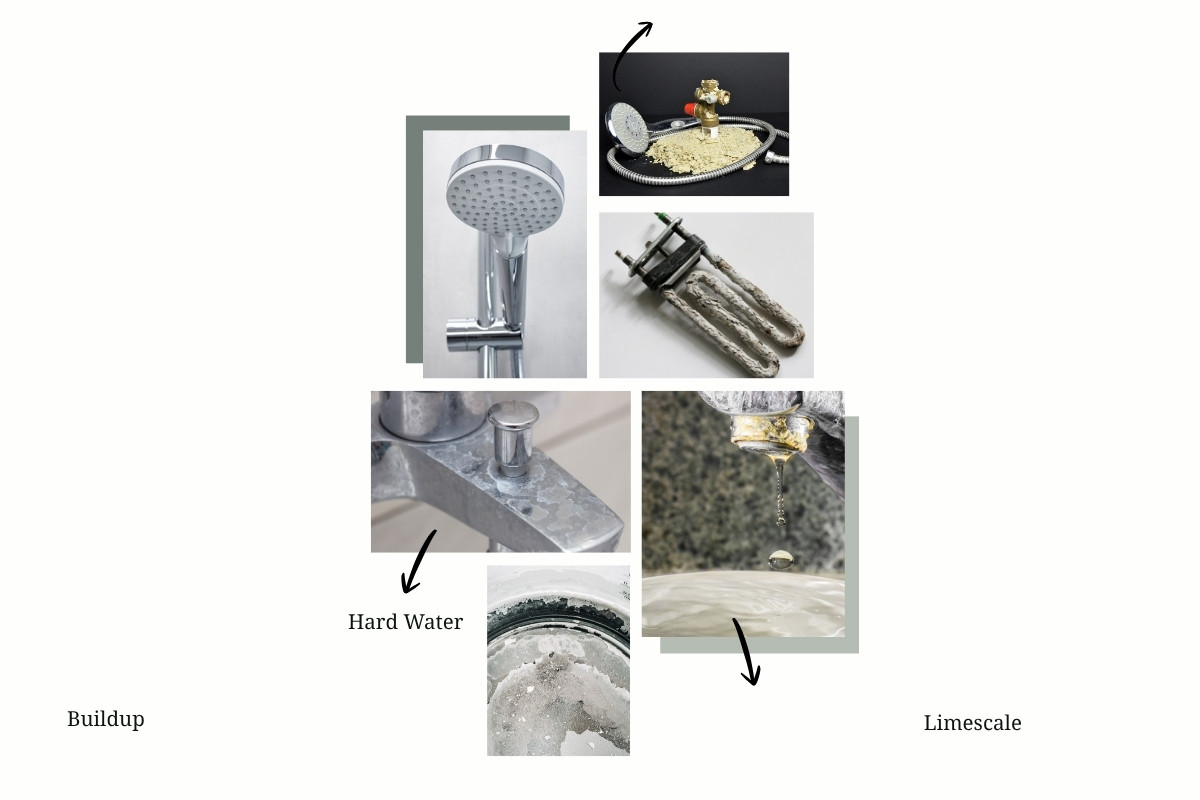 A showerhead with visible white mineral limescale buildup, a common sign of hard water